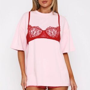 Red Lace Bra with Pink Sleep Shirt